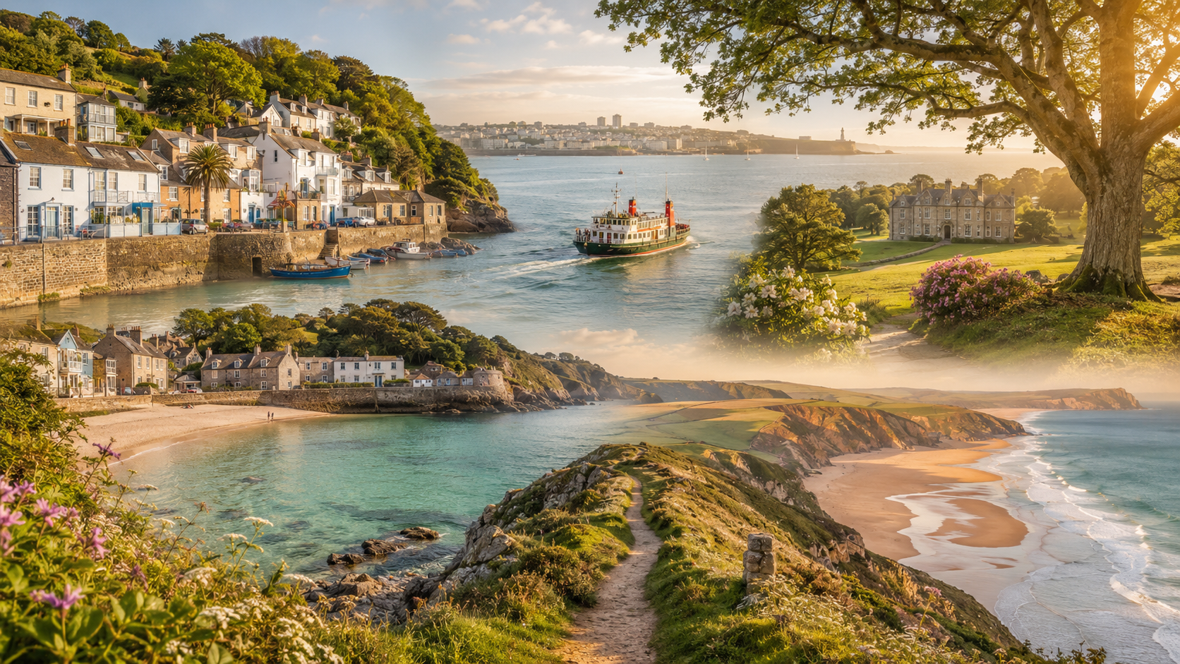 Coastal view of the Rame Peninsula in Cornwall with the South West Coast Path, beaches, cliffs and countryside.